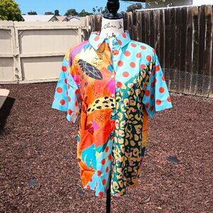 NWOT Retro Pattern Tropical Top Blouse Button-up M/L Polka Dot Animal Colorful